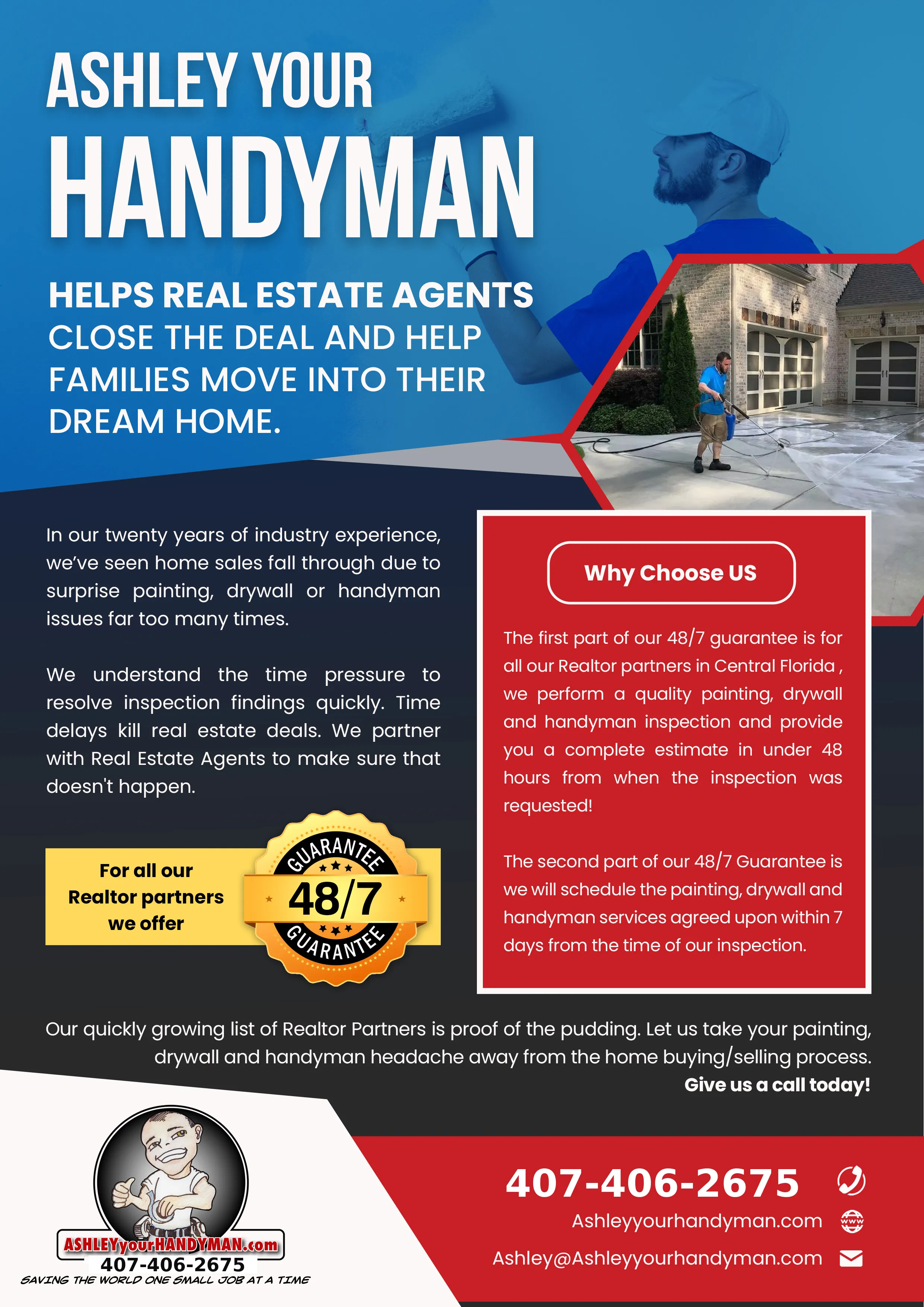 Ashley Your Handyman flyer for real estate agents — the 48/7 Guarantee: a painting, drywall, and handyman estimate in 48 hours and work scheduled within 7 days. Call (407) 406-2675.